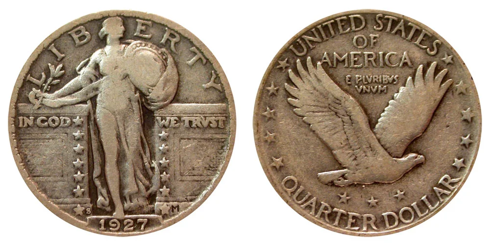 1927 Standing Liberty Quarter obverse and reverse showing Liberty with shield, olive branch, and recessed date