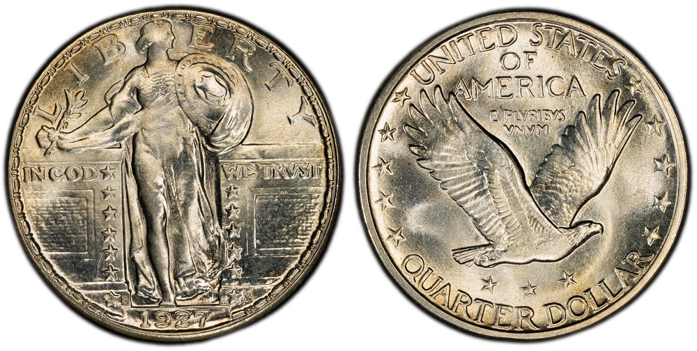 Side-by-side comparison of 1927-S Standing Liberty Quarter common flat-head example versus Full Head specimen showing distinct helmet leaves, complete helmet outline, and clear ear hole