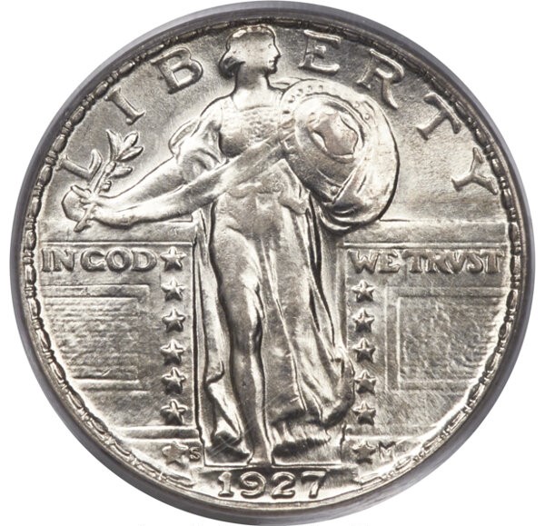 1927-D Standing Liberty Quarter showing weak strike on Liberty's helmet with flat, undefined helmet leaves and missing ear hole detail