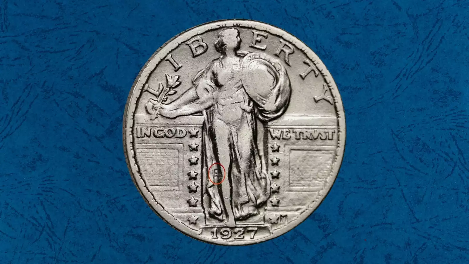 1927-S Standing Liberty Quarter obverse showing clashed die ghost impressions and die striations across Liberty's field