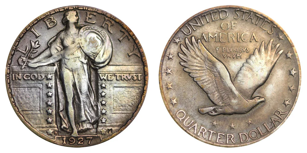 Close-up of IN GOD WE TRVST motto on 1927 Philadelphia Standing Liberty Quarter showing CONECA DDO-001 doubling spread on the letters IN