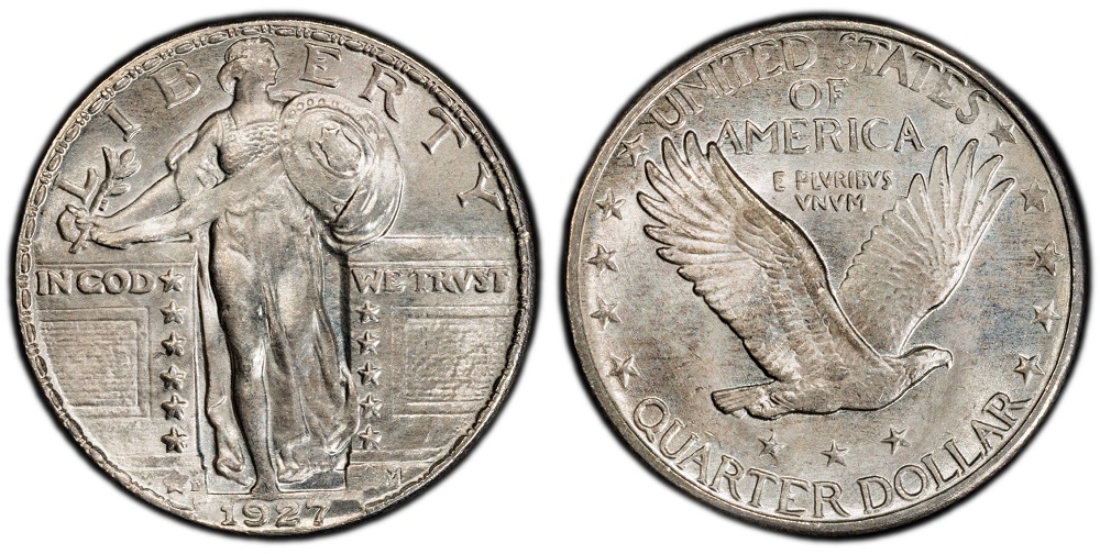 Close-up of 1927-D Standing Liberty Quarter mint mark showing CONECA RPM-001 repunched D with doubled or offset secondary impression