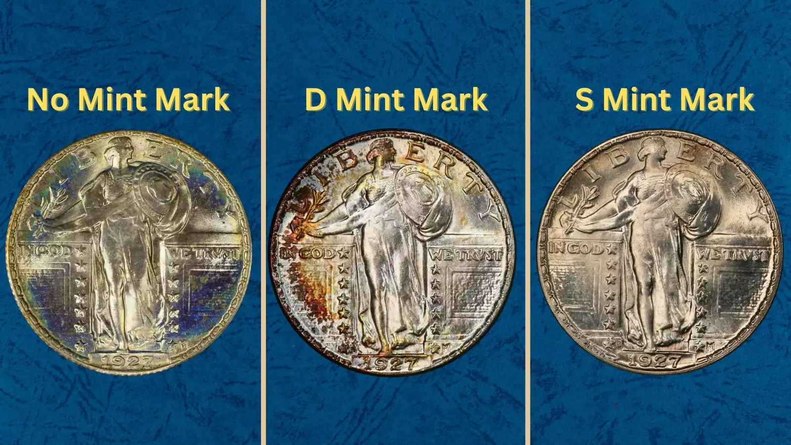 Three 1927 Standing Liberty Quarters side by side representing Philadelphia, Denver, and San Francisco mint examples showing relative scarcity