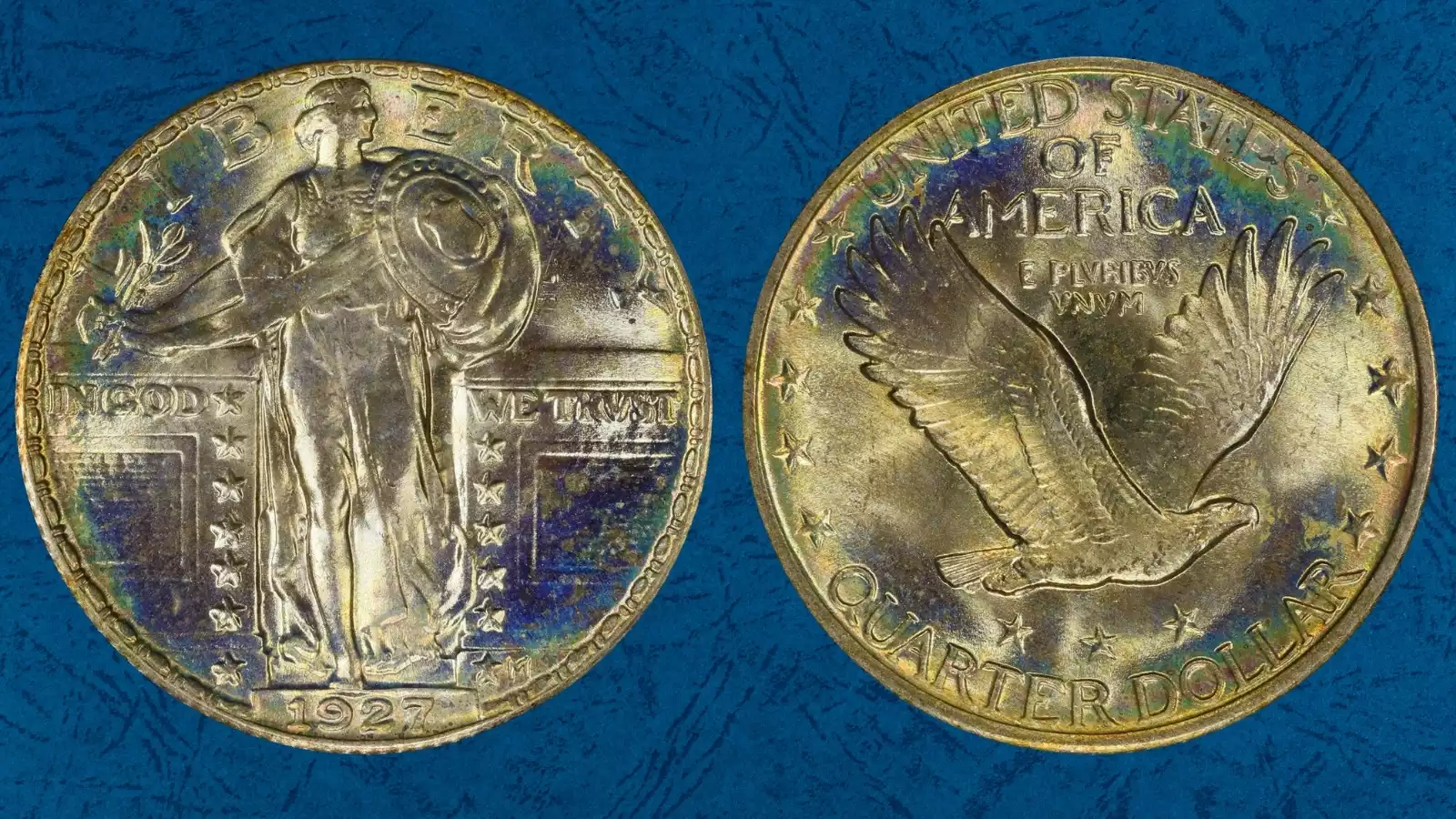 1927 Standing Liberty Quarter grading strip showing four specimens from left to right in Good, Very Fine, Extremely Fine, and Mint State condition